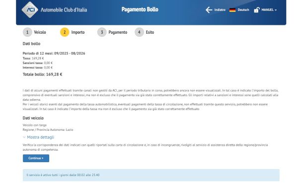 schermata di riepilogo pagamento bollo auto su Bollonet