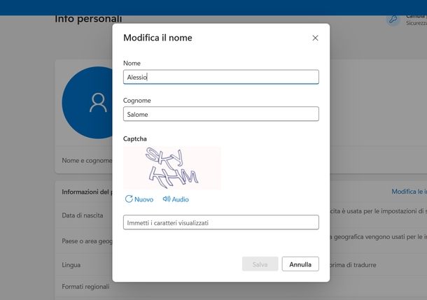 Cambiare nome account Microsoft Windows