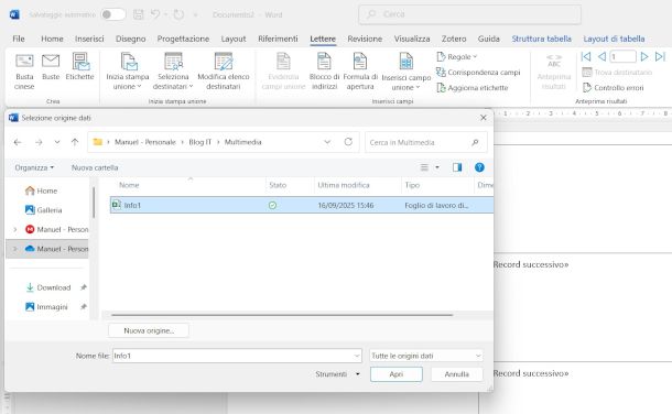selezione file Excel come origine dati per etichette
