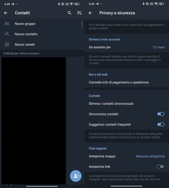 Aggiornare contatti Telegram Android