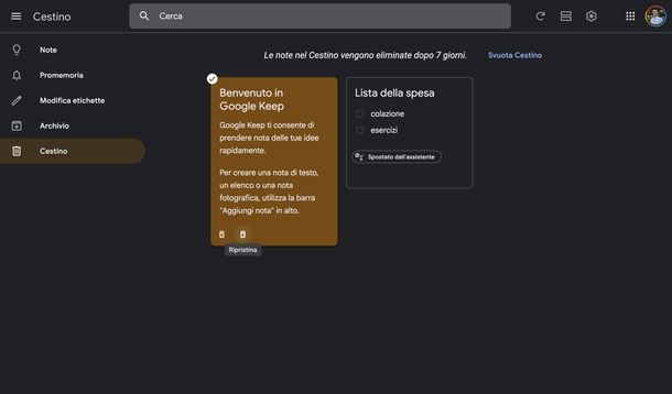 Recuperare note cancellate Google Keep Web