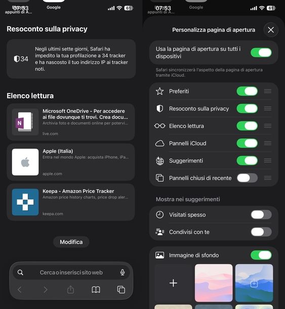Modificare pagina iniziale Safari iPhone