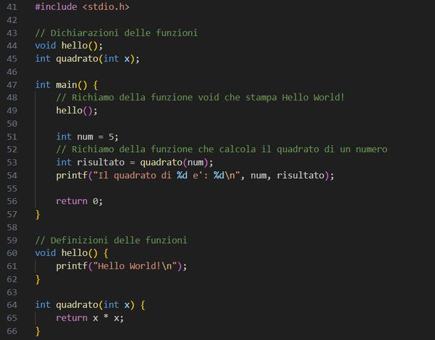 Esempio di organizzazione e utilizzo delle funzioni in un file.c