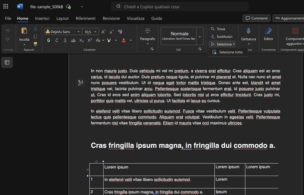 Selezionare tutto su Word Online