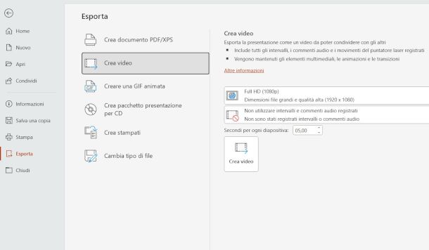 esportazione presentazione in video da Microsoft PowerPoint per Windows