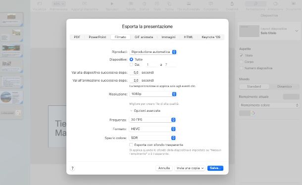 esportazione video su Keynote