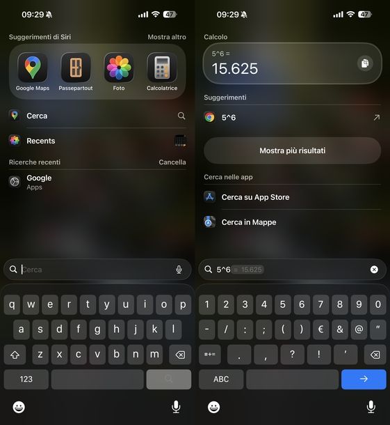 Elevare numero sulla calcolatrice Spotlight iOS
