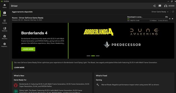 Aggiornare driver NVIDIA app