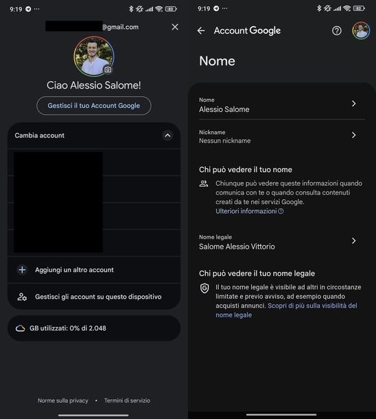 Modificare nome associato Gmail Android