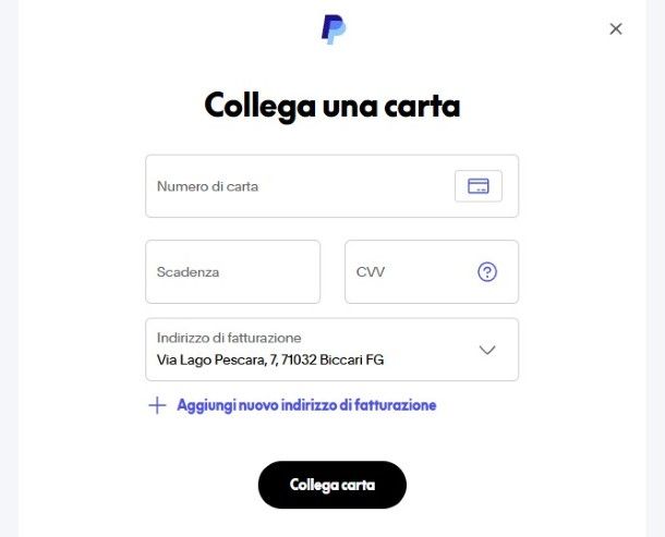 Collegamento carta PayPal
