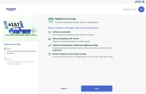 Registrazione targa cashback