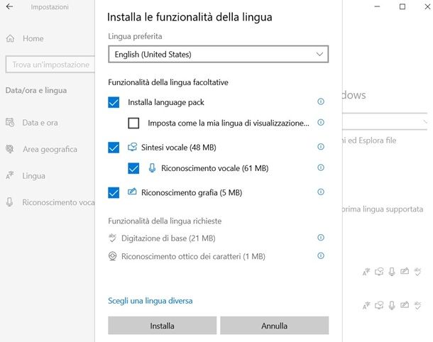 Come cambiare lingua Windows 10