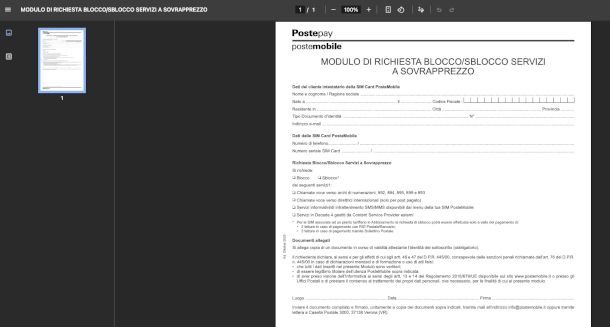 modulo disattivazione VAS Postemobile