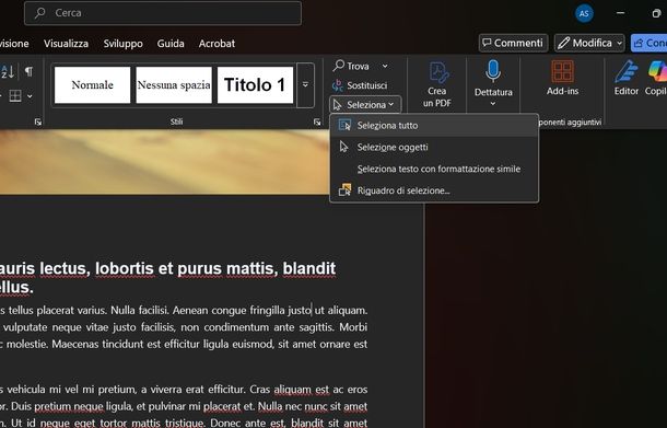 Selezionare tutto su Word Windows