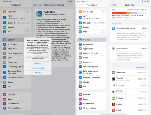 Liberare spazio per aggiornamento iPad