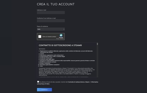 Creare account Steam