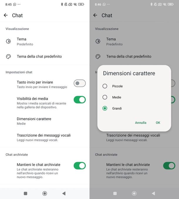 come ingrandire caratteri WhatsApp Android