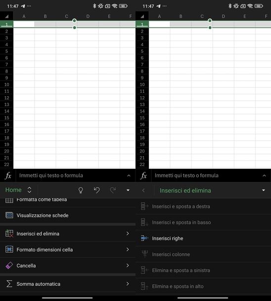Aggiungere una riga su Excel Android