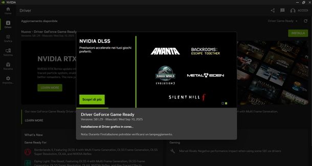 Aggiornare driver NVIDIA app