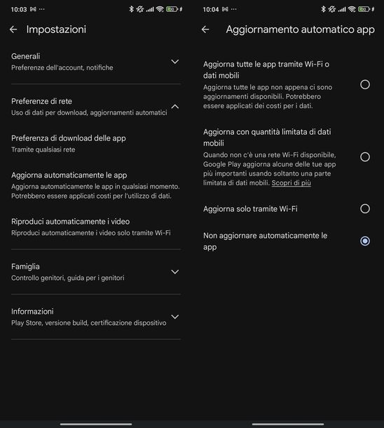 Disattivare download automatici app Android