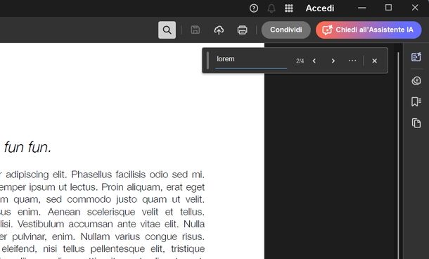 Cercare parola pagina documento PDF Adobe Reader Windows