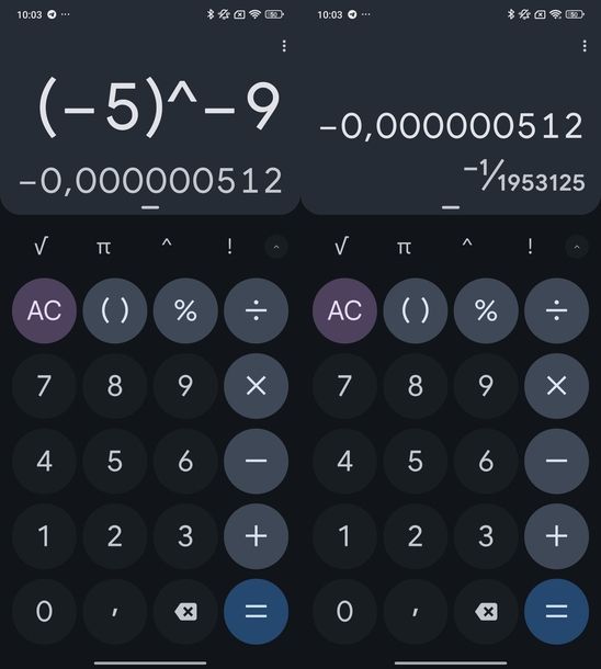 Elevare numero negativo sulla calcolatrice Google