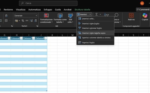 Aggiungere righe tabella su Excel Windows