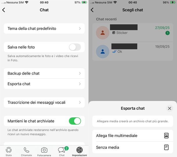 WhatsApp per iOS esportazione chat