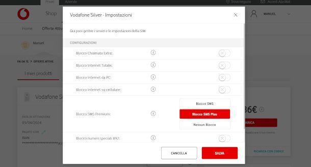 blocco servizi VAS Vodafone da sito