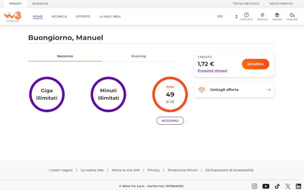 schermata Home area cliente sito WINDTRE