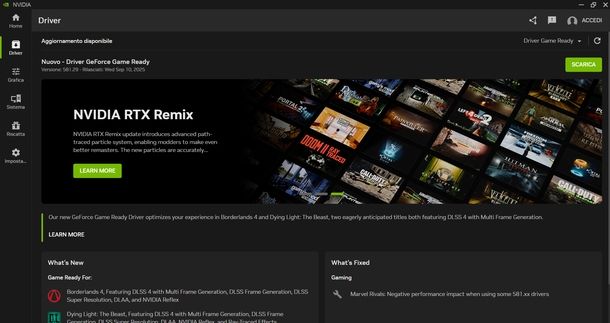 Aggiornare driver NVIDIA app