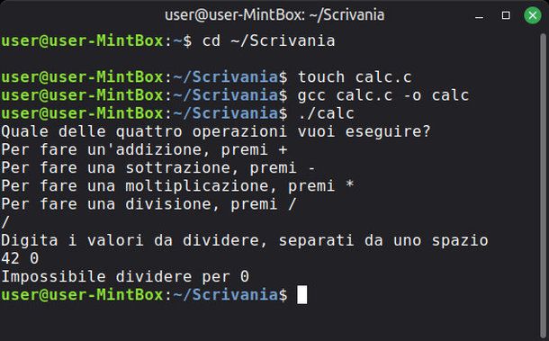 Compilazione di un programma in C con il suo output nel terminale di Linux Mint