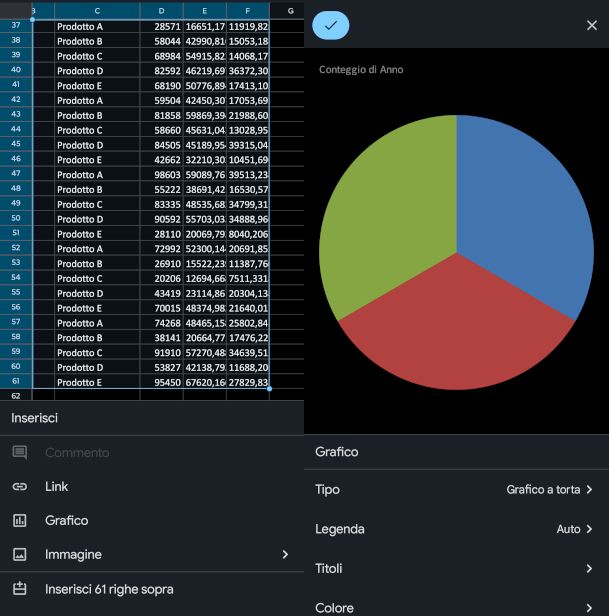 schermate creazione grafico su app Fogli per dispositivi mobili