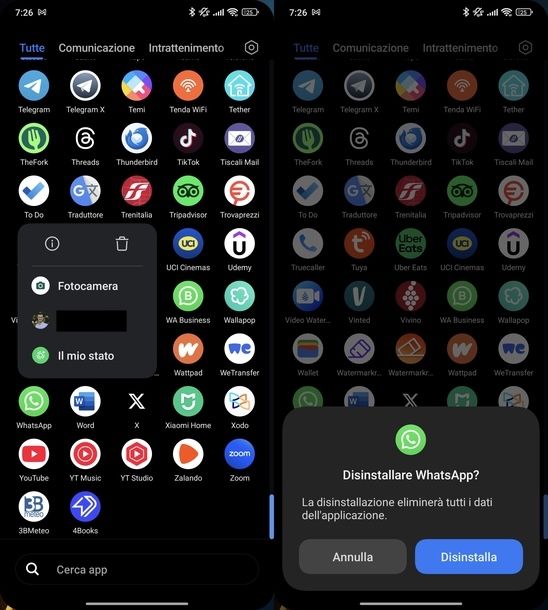 Disinstallare WhatsApp Android