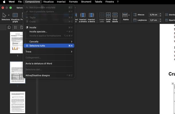 Selezionare tutto su Word macOS