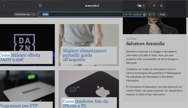 Cercare parola pagina Web Safari macOS