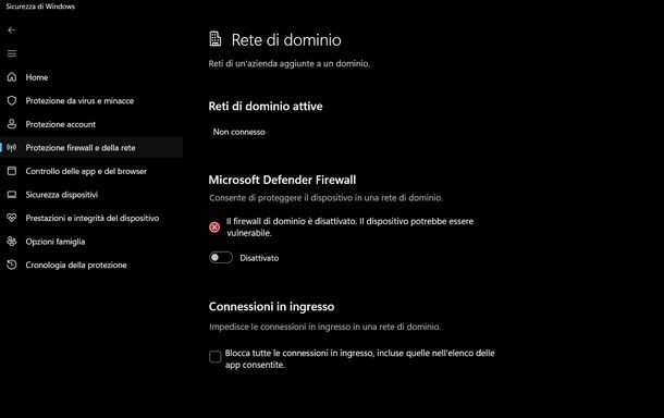 Disattivare firewall Windows