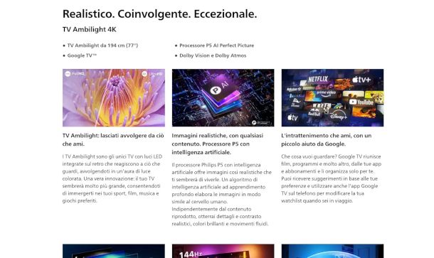 Pagina prodotto con specifiche tecniche su sito Philips