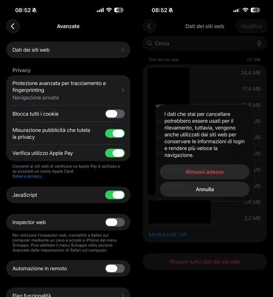 Cancellare cronologia dati Safari iOS