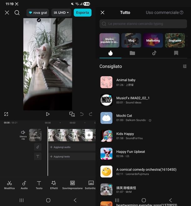 CapCut app per fare video con musica gratis