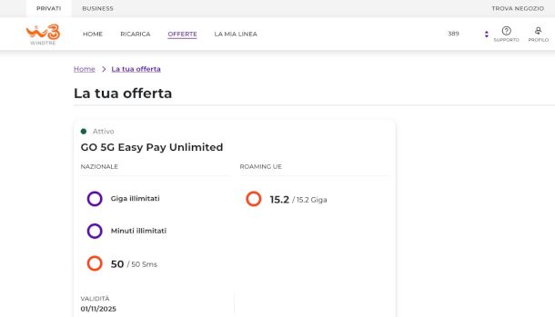 area cliente sito WINDTRE sezione Dettagli e offerte