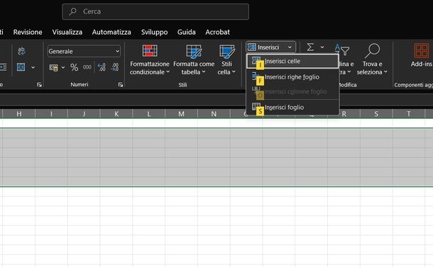 Aggiungere righe su Excel tastiera Windows