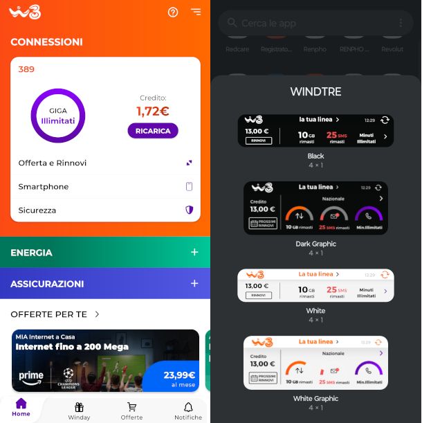 schermata Home app WINDTRE e widget Android