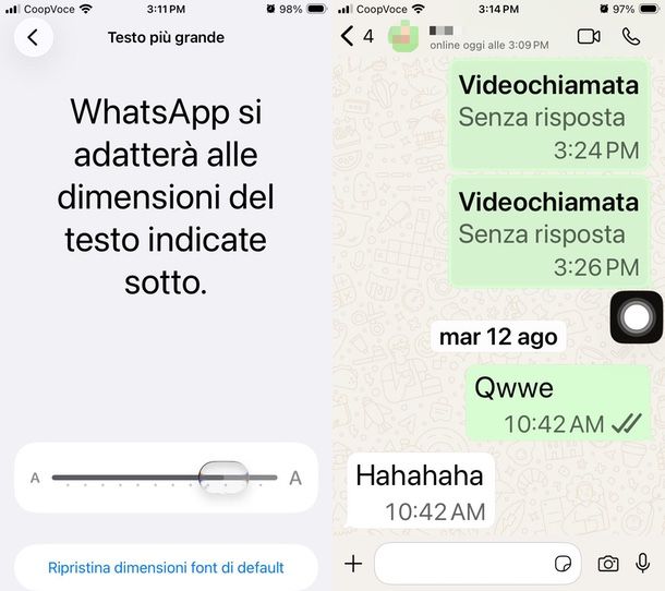 WhatsApp iPhone ingrandire caratteri
