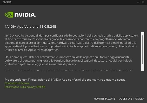 Aggiornare driver NVIDIA app
