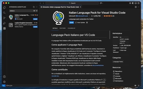 Visual Studio Code in Italiano