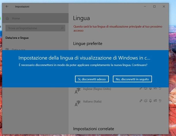 Come cambiare lingua Windows 10