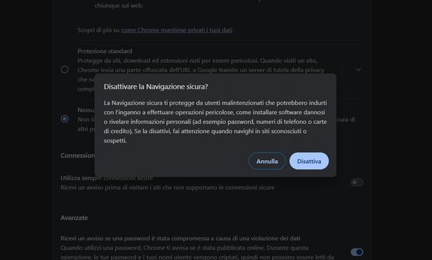 Disattivare Navigazione sicura Google Chrome Windows