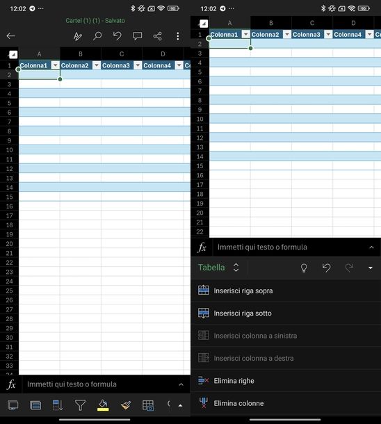 Aggiungere righe tabella su Excel Android