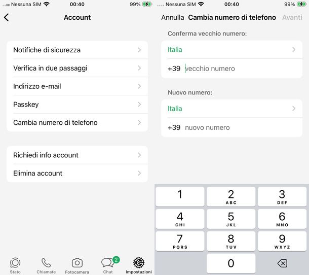 WhatsApp per iOS cambio numero